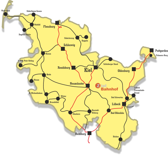 Dagebüll Mohle Süderlügum Grenze Flensburg Schleswig Rendsburg Lübeck Oldenburg Kiel Neumünster Hamburg Puttgarden Bad Schwartau Elmshorn Henstedt- Ulzburg Bad Oldeslohe Büchen Süderbrarup Kappeln Fehmarn-Burg Schönberger Stand Niebühl Husum Heide Brunsbüttel Wilster Büsum St. Michaelisdonn Bad St. Peter-Ording Westerland Lübeck Travemünde- Strand