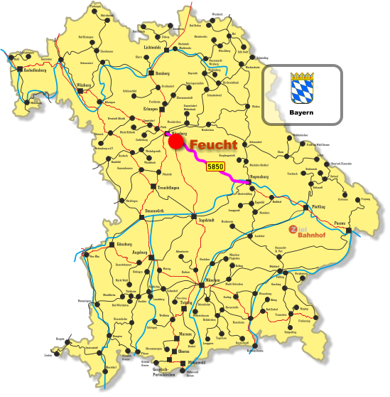 Wurzbach Lichtenfels Bamberg Erlangen Ingolstadt Tutzing Oberau Aschaffenburg Treuchtlingen Mittenwald Donauwörth Wüzburg Nürnberg Regensburg Plattling Passau Augsburg Murnau Günzburg München Melrichstadt Fludungen Ebenhausen Bad Kissingen Schweinfurt Kitzingen Gemünden Kahl Schönkrippen Miltenberg Ebern Coburg Bad Rodach Sonneberg Behringersmühle Ebermannstadt Forchheim Strullendorf Schlüsselfeld Fürth Markt Erlbach Cadolzburg Neustadt (Aisch) Steinach Rothenburg a.d.T. Ansbach Dombühl Windsbach Wickelsgreuth Pleinfeld Gunzenhausen Maxhütte-Haidhof Burglengenfeld Schwandorf Cham Waldmünchen Furth im Wald Grenze Lahm Weiden Neunkirchen Siegelsdorf Kirchenlaibach Schnabelwaid Bayreuth Weidenberg Neuenmarkt Wirsberg Münchberg Helmbrechts Hof Bad Steben Selb Stadt Schirnding Marktredwitz Neukirchen Simmelsdorf- Hüttenbach Hergatz Lindau Neu-Ulm Memmingen Mindelheim Buchloe Türkheim Bad Wörishofen Biessenhofen Füssen Kempten Garmisch- Partenkirchen Griesen  Grenze Pfronten Grenze Oberstdorf Immenstadt Oberammergau Weilheim Schöngau Landsberg Kaufering Bobingen Markt Wald Gessertshausen Mering Geltendorf Nördlingen Obertraubling Radldorf Neufahrn Eggmühl Langquaid Neuhausen Landshut Herrsching Wolfratshausen Dachau Altomünster München Flughafen Erding Markt Schwaben Grafing Wasserburg Neufahrn Mühldorf Neumarkt- St. Veit Rosenheim Deisenhofen Holzkirchen Kreuzstraße Lenggries Kochel Tegernsee Bayrischzell Traunstein Freyung Grafenau Zwiesel Bayrisch Eisenstein Bodenmais Viechtach Gotteszell Tüßling Burghausen Garching Obing Bad Endorf Waging Ruhpolding Freilassing Kufstein Grenze Mittenwald Grenze Hochstadt- Marktzeuln 5850 Bayern Feucht