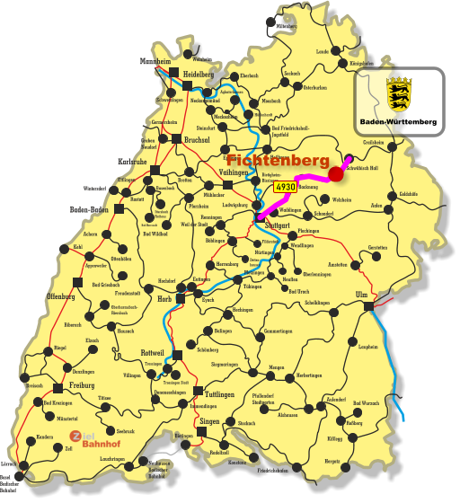 Freiburg Singen Vaihingen Tuttlingen Horb Ulm Bruchsal Heidelberg Rottweil Stuttgart Karlsruhe Offenburg Baden-Baden Mannheim Kehl Appenweiler Miltenberg Lauda Königshofen Osterburken Seckach Eberbach Moosbach Bad Friedrichshall- Jagstfeld Crailsheim Heilbronn Eppingen Meckesheim Hüffenhardt Aglasterhausen Neckargemünd Weinheim Germersheim Graben Neudorf Bretten Schwetzingen Schwäbisch Hall Backnang Waiblingen Rastatt Busenbach Bad Herrenalb Ittersbach Rathaus Mühlacker Pforzheim Bad Wildbad Ettlingen Steinsfurt Immendingen Wintersdorf Bietigheim- Bissingen Ludwigsburg Weil der Stadt Renningen Böblingen Filderstadt Detten- hausen Achern Bad Griesbach Ottenhöfen Freudenstadt Eutingen Herrenberg Hochdorf Tübingen Eyach Hechingen Balingen Schömberg Siegmaringen Villingen Trossingen Trossingen Stadt Hausach Biberach Oberharmsbach- Riersbach Denzlingen Elzach Breisach Bad Krozingen Münstertal Riegel Donaueschingen Titisee Seebruck Lörrach Kandern Basel Badischer Bahnhof Zell Neuhausen Badischer Bahnhof Bietingen Lauchringen Konstanz Radolfzell Stockach Welzheim Schondorf Amstetten Gerstetten Aalen Plochingen Wendlingen Oberlenningen Bad Urach Neuffen Metzingen Nürtingen Gammertingen Herbertingen Mengen Schelklingen Pfullendorf Stadtgarten Alshausen Aulendorf Bad Wurzach Roßberg Kißlegg Hergatz Friedrichshafen Laupheim Goldshöfe 4930 Fichtenberg Baden-Württemberg
