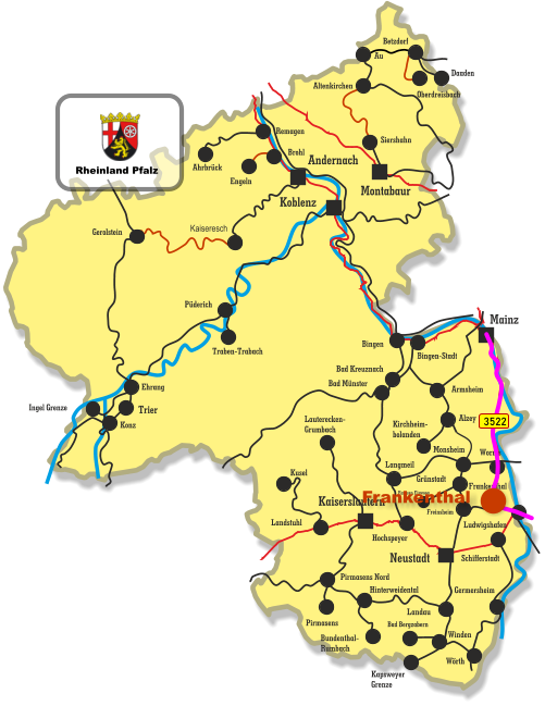 Kaiseresch Brohl Engeln Neustadt Koblenz Montabaur Mainz Kaiserslautern Andernach Remagen Ahrbrück Siershahn Au Altenkirchen Betzdorf Daaden Oberdreisbach Bingen Bingen-Stadt Bad Kreuznach Bad Münster Armsheim Alzey Kirchheim- bolanden Hochspeyer Kusel Lauterecken- Grumbach Landstuhl Konz Ingel Grenze Ehrang Traben-Trabach Püderich Gerolstein Landau Pirmasens Pirmasens Nord Hinterweidental Bundenthal- Rumbach Winden Bad Bergzabern Kapsweyer Grenze Worms Schifferstadt Monsheim Langmeil Freinsheim Grünstadt Ramsen Eiswoog Frankenthal Ludwigshafen Trier Germersheim Wörth 3522 Frankenthal Rheinland Pfalz