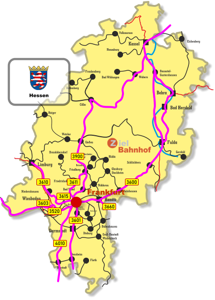 Baunatal- Guntershausen Bebra Kassel Wiesbaden Darmstadt Bad Hersfeld Fulda Hanau Limburg Frankfurt Wetzlar Gießen Haiger Cölbe Frankenberg Battenberg Eichenberg Volkmarsen Naumburg Bad Wildungen Wabern Gersfeld Schlüchtern Friedberg Niedernhausen Friedrichsdorf Brandoberndorf Nidda Beienheim Wölfersheim- Södel Gelnhausen Glauburg- Stockheim Nidderau Bad Vilbel Babenhausen Dieburg Dietzenbach Rödermark- Ober Roden Dreieich- Buchschlag Groß-Umstadt Wiebelsbach Fürth Bensheim Bürstadt Ffm-Höchst 3610 3520 3600 3601 3603 3611 3615 3660 4010 3900 Frankfurt Hessen