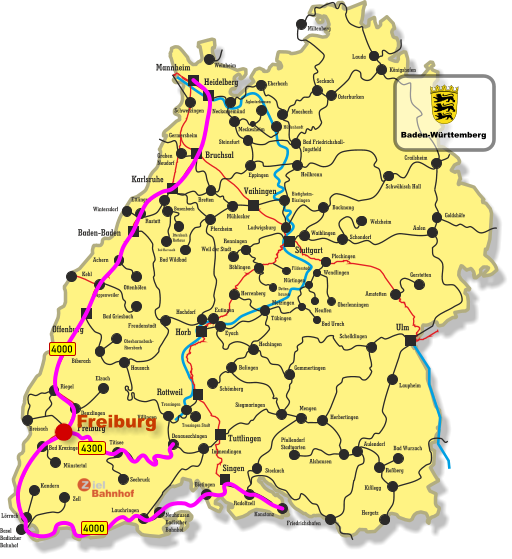 Freiburg Singen Vaihingen Tuttlingen Horb Ulm Bruchsal Heidelberg Rottweil Stuttgart Karlsruhe Offenburg Baden-Baden Mannheim Kehl Appenweiler Miltenberg Lauda Königshofen Osterburken Seckach Eberbach Moosbach Bad Friedrichshall- Jagstfeld Crailsheim Heilbronn Eppingen Meckesheim Hüffenhardt Aglasterhausen Neckargemünd Weinheim Germersheim Graben Neudorf Bretten Schwetzingen Schwäbisch Hall Backnang Waiblingen Rastatt Busenbach Bad Herrenalb Ittersbach Rathaus Mühlacker Pforzheim Bad Wildbad Ettlingen Steinsfurt Immendingen Wintersdorf Bietigheim- Bissingen Ludwigsburg Weil der Stadt Renningen Böblingen Filderstadt Detten- hausen Achern Bad Griesbach Ottenhöfen Freudenstadt Eutingen Herrenberg Hochdorf Tübingen Eyach Hechingen Balingen Schömberg Siegmaringen Villingen Trossingen Trossingen Stadt Hausach Biberach Oberharmsbach- Riersbach Denzlingen Elzach Breisach Bad Krozingen Münstertal Riegel Donaueschingen Titisee Seebruck Lörrach Kandern Basel Badischer Bahnhof Zell Neuhausen Badischer Bahnhof Bietingen Lauchringen Konstanz Radolfzell Stockach Welzheim Schondorf Amstetten Gerstetten Aalen Plochingen Wendlingen Oberlenningen Bad Urach Neuffen Metzingen Nürtingen Gammertingen Herbertingen Mengen Schelklingen Pfullendorf Stadtgarten Alshausen Aulendorf Bad Wurzach Roßberg Kißlegg Hergatz Friedrichshafen Laupheim Goldshöfe 4000 4300 4000 Freiburg Baden-Württemberg