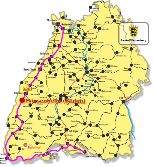 Freiburg Singen Vaihingen Tuttlingen Horb Ulm Bruchsal Heidenberg Rottweil Stuttgart Karlsruhe Offenburg Baden-Baden Mannheim Kehl Appenweiler Miltenberg Lauda Königshofen Osterburken Seckach Eberbach Moosbach Bad Friedrichshall- Jagstfeld Crailsheim Heilbronn Eppingen Meckesheim Hüffenhardt Aglasterhausen Neckargemünd Weinheim Germersheim Graben Neudorf Bretten Schwetzingen Schwäbisch Hall Backnang Waiblingen Rastatt Busenbach Bad Herrenalb Ittersbach Rathaus Mühlacker Pforzheim Bad Wildbad Ettlingen Steinsfurt Immendingen Wintersdorf Bietigheim- Bissingen Ludwigsburg Weil der Stadt Renningen Böblingen Filderstadt Detten- hausen Achern Bad Griesbach Ottenhöfen Freudenstadt Eutingen Herrenberg Hochdorf Tübingen Eyach Hechingen Balingen Schömberg Siegmaringen Villingen Trossingen Trossingen Stadt Hausach Biberach Oberharmsbach- Riersbach Denzlingen Elzach Breisach Bad Krozingen Münstertal Riegel Donaueschingen Titisee Seebruck Lörrach Kandern Basel Badischer Bahnhof Zell Neuhausen Badischer Bahnhof Bietingen Lauchringen Konstanz Radolfzell Stockach Welzheim Schondorf Amstetten Gerstetten Aalen Plochingen Wendlingen Oberlenningen Bad Urach Neuffen Metzingen Nürtingen Gammertingen Herbertingen Mengen Schelklingen Pfullendorf Stadtgarten Alshausen Aulendorf Bad Wurzach Roßberg Kißlegg Hergatz Friedrichshafen Laupheim Goldshöfe 4000 Friesenheim (Baden) Baden-Württemberg