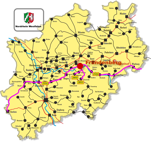 Unna-Königsborn Letmathe Iserlohn Castrop- Rauxel Unna Himmighausen Rheydt Remscheid Bergisch Gladbach Bocholt Borken Dorsten Wesel Xanten Mönchengladbach Kleve Viersen Emmerich Münster Warburg Altenbeken Paderborn Lippstadt Soest Siegburg Aachen Haan Ratingen Bonn Minden Herford Bielefeld Gütersloh Hamm Dortmund Duisburg Essen Mülheim Oberhausen Bochum Hagen Wuppertal Solingen Düsseldorf Köln Gronau Lünen Bottrop Gladbeck West Herne Reckling- hausen Kaldenkirchen Neuss Krefeld Grevenbroich Horrem Düren Kall Hellenthal Heimbach Linnich Euskirchen Bad Münstereifel Au Marienheide Lüdenscheid Fröndenberg Rüthen Warstein Lippborg- Heintrop Neubeckum Ennigerloh Neuenrade Sundern Neheim- Hüsten Finnentrop Olpe Schwerte Wanne-Eickel Meschede Winterberg Brilon Stadt Brilon Wald Siegen Kreuztal Waldbröhl Osberghausen Betzdorf Daaden Erndtbrück Bad Berleburg Ottbergen Dülmen Coesfeld Löhne Lage Lemgo Brackwede Rheda- Wiedenbrück Bad Rothenfelde Bünde Lengerich Rheine Rahden Hattingen Velbert Rösrath 2850 2550 2853 2550 Nordrhein Westfalen Fröndenberg